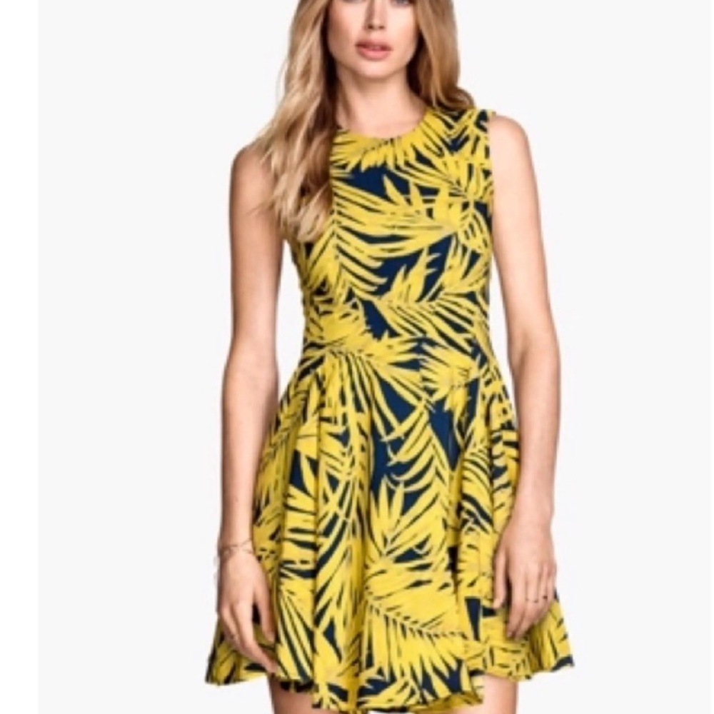 H&M Yellow & Navy Palm-Print Sleeveless Fit-and-Flare Dress